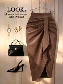 GlowEve CURVE Women's Plus Size Solid Color Pleated Fashion Design Sexy Skirt Winter - Coffee Brown - View 1