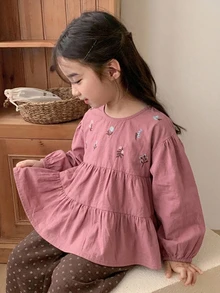 Dazy Kids 少女時尚刺繡荷葉邊下擺上衣 - 酒紅色 - 查看 5