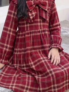 SHEIN Tween Girls Long Sleeve Tween Girl Plaid Cinched Waist Bow Exaggerated Collar Long Dress Autumn/Winter - Burgundy - View 3