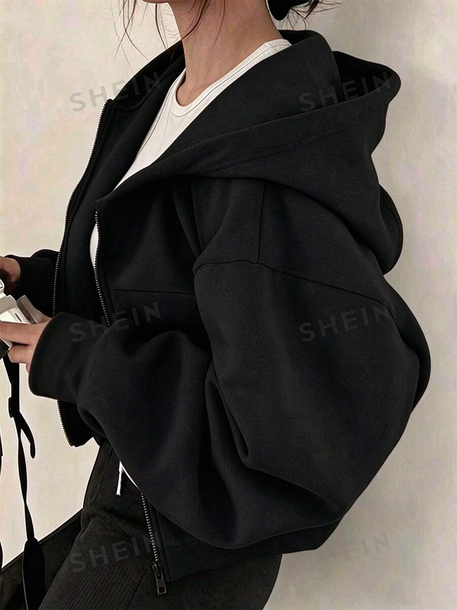 SHEIN 秋冬女款連帽拉鍊外套-街頭風混搭運動衫,長袖抓絨,保暖針織面料,適合秋冬穿著 - 黑色 - 查看 1
