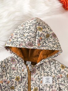 SHEIN 嬰幼兒女童連帽夾克外套，可愛甜美米色粉色黃色碎花，毛絨內裡長袖加厚戶外冬季拉鍊式拼接設計 - 杏色 - 查看 4