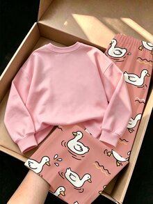 (1套) 女嬰秋冬休閒可愛卡哇伊卡通鴨子與水波紋圖案圓領衛衣 + 寬腿長褲 - 彩色 - 查看 2