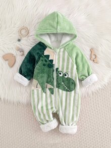 Baby Boy Cartoon Animal Print Long Sleeve Plush Hooded Romper - Green - View 4