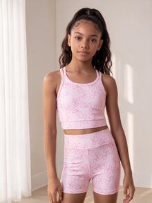 SHEIN Tween Girls' Off-Shoulder Crop Top & Shorts Set – Fashionable Casual Activewear For Outdoor Running & Long-Distance Sports, Autumn Winter, Fall, Yoga - Pink - View 5