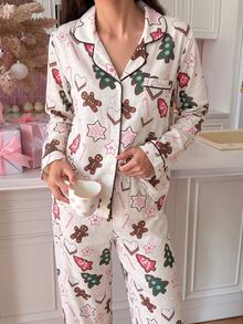 SweetSlumber طقم بيجامة نسائي لعيد الميلاد بتصميم رجل الزنجبيل مع ياقة وأكمام طويلة وبنطال - لون مشمشي - مشاهدة 5