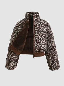 SHEIN Tween Girl Tween Girls Brown Polka Dot Oversized Cropped Stand Collar Puffer Padded Winter Coat - Coffee Brown - View 5