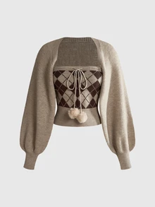 ROMWE Kawaii Autumn/Winter Versatile White Aesthetic Sweet Girl Tube Top & Lantern Sleeve 2 Pieces Sweater Set - Coffee Brown - View 1