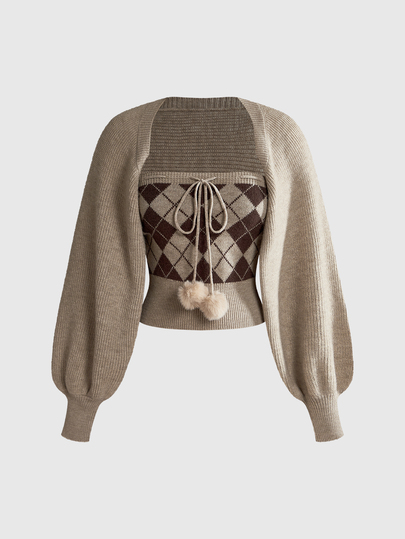 Kawaii Autumn/Winter Versatile White Aesthetic Sweet Girl Tube Top & Lantern Sleeve 2 Pieces Sweater Set