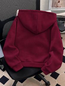 SHEIN 青少年女孩純色蝴蝶結裝飾袖口抓絨內裡運動外套 開學季風格 秋冬校外穿搭 粉色法蘭絨 可愛西式 - 酒紅色 - 查看 2