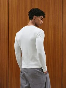 TOKVUE 男士秋冬修身羅紋刺繡亨利領長袖T恤，休閒通勤，復古街頭風，中性款，萬聖節節日禮物 - 白色 - 查看 2