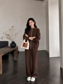 Yumoku Women's Solid Color Long Sleeve Zip-Up Hoodie And Pants Casual 2 Pieces Set - Coffee Brown - View 3