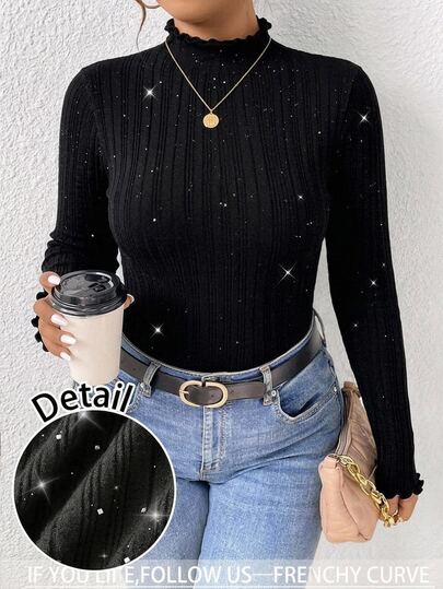 SHEIN Frenchy Plus Size Solid SequinRibbed Stand Collar T-Shirt, Casual Baggy Elegant Soft Form Modest Black Top Long Sleeve Winter Office Formal Evening Party