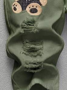 嬰兒/幼兒男童黑色熊與字母刺繡破洞水洗牛仔褲 - 軍綠色 - 查看 5