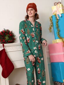 Chillnights 男士聖誕老人印花翻領休閒家居服套裝 - 綠色 - 查看 4
