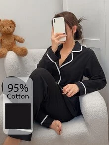 Dream Adore Casual Colorblock Patchwork Lapel Cardigan 95% High Cotton Content Comfortable Pajama Set - Black - View 6