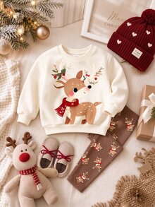 SHEIN 冬季橡果棕色復古田園森林童話可愛鹿圖案印花女童休閒套裝，柔軟抓毛圓領寬鬆衛衣搭配刷毛內裡內搭褲，新款適合秋冬日常、外出、度假、農場、聖誕，美式復古女孩田園風舒適療癒穿搭 - 彩色 - 查看 4