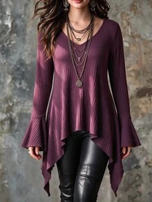 Linhara CURVE Women's Plus Size Brushed Ribbed Long Sleeve V-Neck Bell Sleeve Asymmetrical Hem Mid-Length Slimming Top, Casual T-Shirt For Autumn/Winter Fall - Brown - View 3