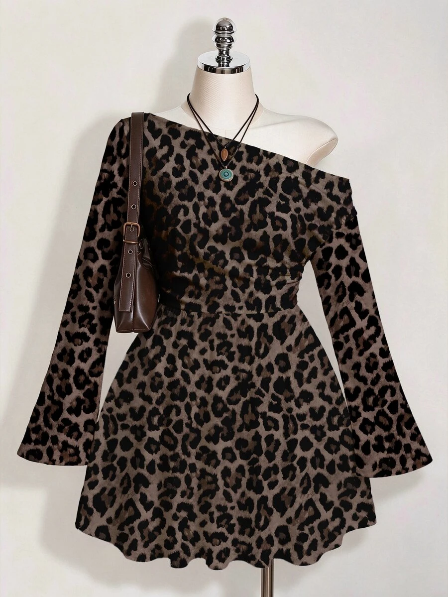 SHEIN ICON 大尺碼復古豹紋休閒洋裝,適合春秋穿著 - 彩色 - 查看 1