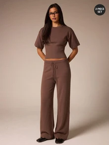 Athîral Women's Casual Brown Short Sleeve Knit Top And Long Pants 2 Pieces Set, Suitable For Spring/Summer, Commuting, Outings, Vacation - Brown - View 5