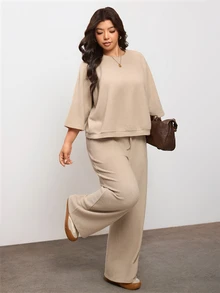 Enliva Plus Size Knit Two Pieces Set With Wide Leg Pants For Pear Body - Khaki - View 3