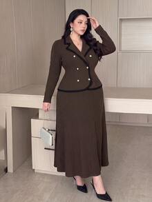 Modelyn Plus Size Vintage Double-Breasted Jacket And Long Skirt 2 Pieces Set - Coffee Brown - View 7
