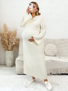 Plussiva Plus Size Solid Color Casual Party Dress For Pregnant Women - Apricot - View 7