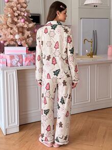 SweetSlumber طقم بيجامة نسائي لعيد الميلاد بتصميم رجل الزنجبيل مع ياقة وأكمام طويلة وبنطال - لون مشمشي - مشاهدة 2