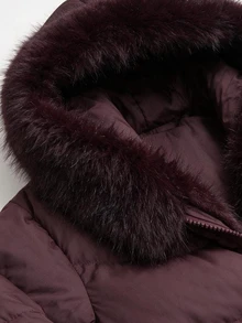 Penseblé Women's Solid Color Zipper Fleece Patchwork Casual Versatile Winter Hooded Padded Coat - Burgundy - View 2