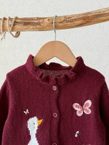 SHEIN 女嬰百搭甜美刺繡單排扣長袖針織秋季開襟衫 - 酒紅色 - 查看 4