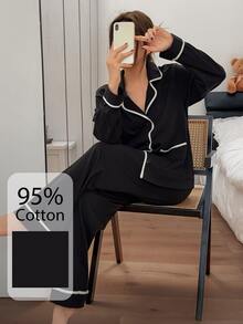 Dream Adore Casual Colorblock Patchwork Lapel Cardigan 95% High Cotton Content Comfortable Pajama Set - Black - View 4