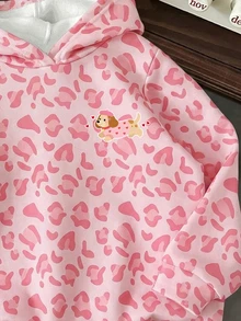 Baby Girl Casual Minimalist Soft Hooded Long Sleeve Drop Shoulder Fleece Lined Cartoon Pattern Sweatshirt Suitable For Autumn/Winter - Multicolor - View 4