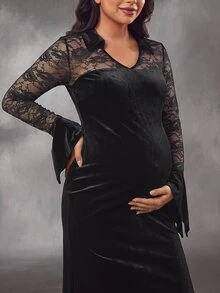 Cheriluna Maternity Đầm dự tiệc bầu size lớn phối ren phối mảnh, tôn dáng thắt eo thanh lịch - màu đen - Xem 4