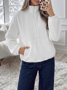 Easowa Women's Stand Collar Half-Zip Casual Loose Fit Sweatshirt For Home And Sports - White - View 1