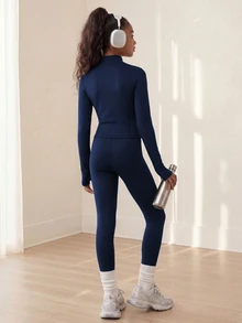 SHEIN Tween Girls 3pcs Set, Black Outfit, Sports Modest Athletic Jacket + Tank Top + Leggings, Autumn, High Stretch Fabric, Gym Active - Navy Blue - View 2