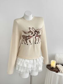 Elamini Women's Autumn/Winter Solid Color Bow & Double Deer Jacquard Loose Slouchy Retro Sweet Long Sleeve Sweater Top - Khaki - View 5