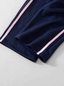 SHEIN 女童秋季兩件套套裝，柔軟針織連帽拉鍊外套搭配寬鬆寬腿長褲，海軍藍，適合戶外旅行與聚會 - 藏蓝色 - 查看 8