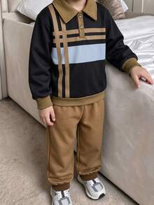 2pcs/Set Boys Casual Sports Striped Print Long Sleeve POLO Shirt Sweatshirt And Pants Set, Suitable For Spring/Autumn Daily Casual Wear, Suitable For Autumn/Winter Wear, Comfortable Fabric, Fashionable Fit, New Autumn/Winter Style, Suitable For Multiple Seasons And Occasions - Multicolor - View 3