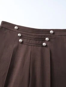 Sweetra CURVE Plus Size Women's Elegant Solid Color Decorative Button Long Wide Leg Casual Pants - Brown - View 3