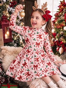Tween Girl Casual Minimalist Kids Long Sleeve Midi Dress, Suitable For Autumn/Winter, Christmas Atmosphere, Party, Street Style - Multicolor - View 1