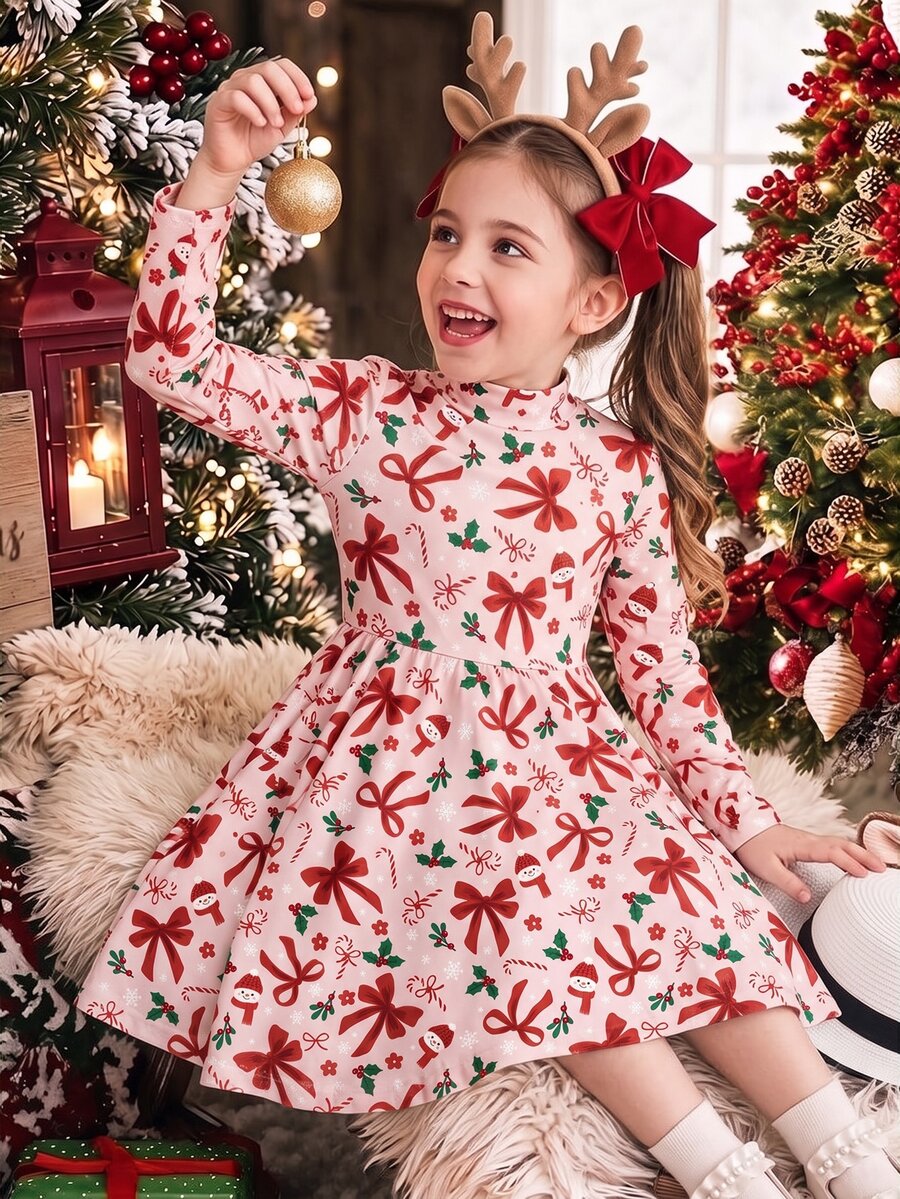Tween Girl Casual Minimalist Kids Long Sleeve Midi Dress, Suitable For Autumn/Winter, Christmas Atmosphere, Party, Street Style - Multicolor - View 1