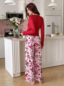 SweetSlumber Bộ đồ ngủ nữ phong cách INS vintage gồm áo len dệt kim cài nút họa tiết nơ và trái tim ngọt ngào cùng quần pijama vải dệt dáng rộng - Nhiều màu - Xem 5
