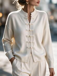 Linhara CURVE Plus Size Women Solid Color Dropped Shoulder Long Sleeve Frog Button Placket Casual Knit Cardigan - Beige - View 4