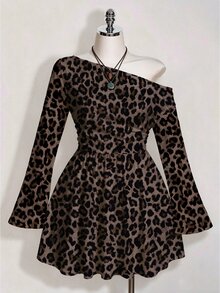 SHEIN ICON 大尺碼復古豹紋休閒洋裝，適合春秋穿著 - 彩色 - 查看 4
