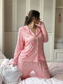 Slumberry CURVE Bộ đồ ngủ size lớn họa tiết nơ Sweet Heart - Hồng - Xem 5