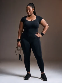 Powerista One Piece Jumpsuit For Women Square Neck Short Sleeve Backless Bodysuit Tummy Control Butt Lifting Seamless Workout Leggings Fall Halloween Black Plus - Black - View 4