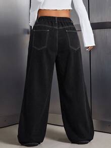 SHEIN Tall CURVE 大尺碼女款休閒日常旅行牛仔褲，附口袋與鈕扣 - 黑色 - 查看 11