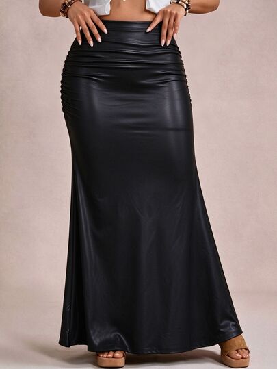 Freevana Plus Size Women Black PU Mermaid Hem Skirt Fall Winter,Party,Vacation,Going Out,Long Skirt,Dating