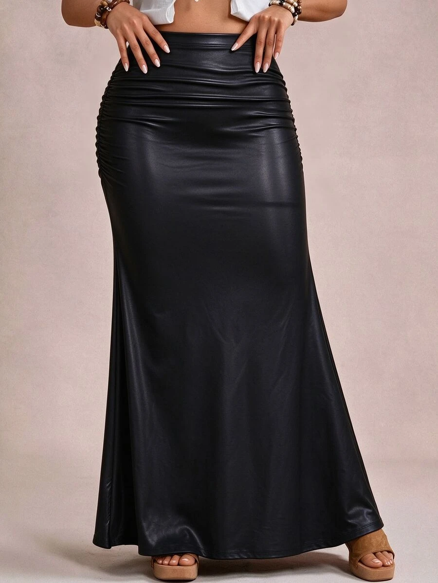 Freevana Plus Size Women Black PU Mermaid Hem Skirt Fall Winter,Party,Vacation,Going Out,Long Skirt,Dating - Black - View 1