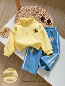 Cozy Pixies Babygirl 秋冬抓絨個性化時尚刺繡字母拉鍊連帽外套與長褲 2 件套，適合外出及其他場合 - 彩色 - 查看 1