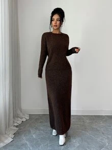 Selianne Women's Autumn/Winter Slouchy Round Neck Knit Sweater & High Waist Long Skirt 2 Pieces Set, Loose Long Sleeve Pullover - Brown - View 6